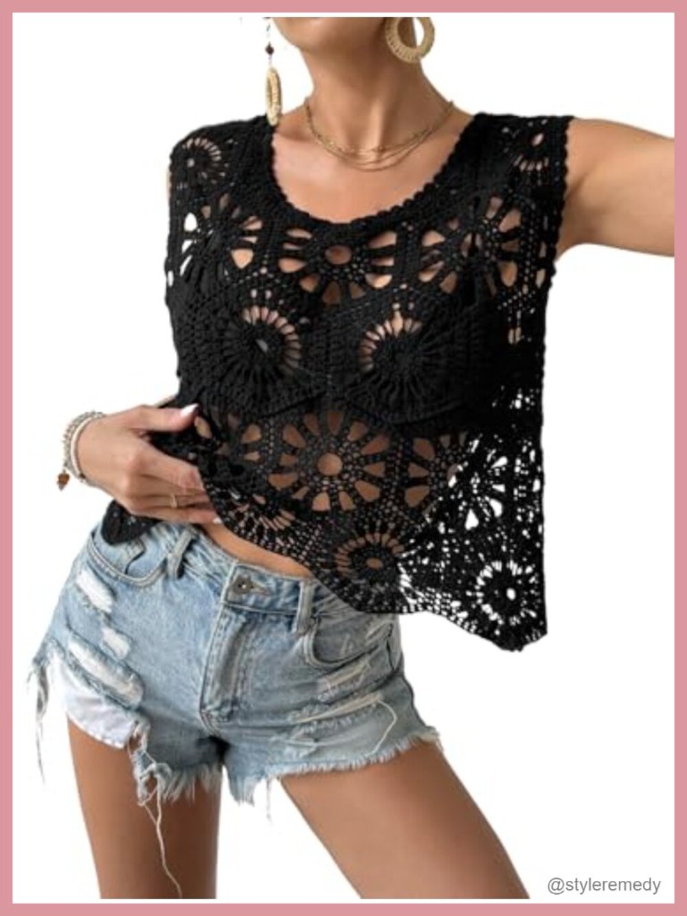 Womens Boho Crochet Knit Tank Top Scoop Neck Scalloped Hem Beachwear